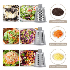 Multipurpose 5-In-1 Rotary Cheese Grater, Upgraded Cheese Shredder with Rubber Suction Base, Versatile Drum Blades for Vegetables, Nuts, and More, Includes Storage Box, Cleaning Brush, and Peeler