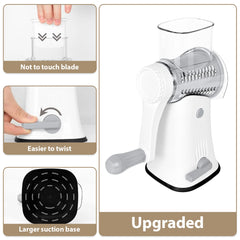 Multipurpose 5-In-1 Rotary Cheese Grater, Upgraded Cheese Shredder with Rubber Suction Base, Versatile Drum Blades for Vegetables, Nuts, and More, Includes Storage Box, Cleaning Brush, and Peeler