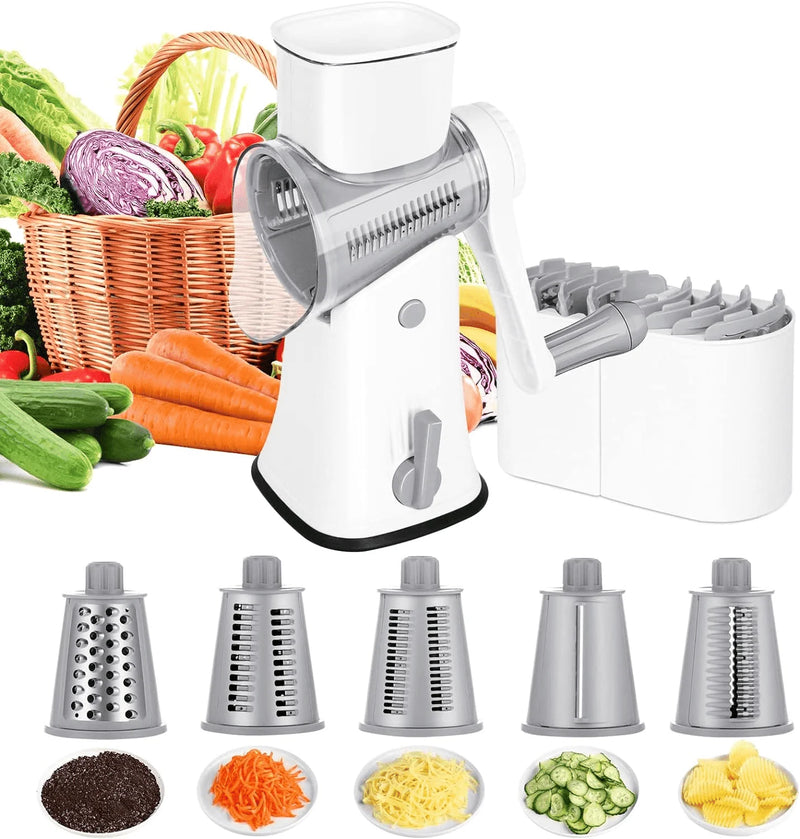 Multipurpose 5-In-1 Rotary Cheese Grater, Upgraded Cheese Shredder with Rubber Suction Base, Versatile Drum Blades for Vegetables, Nuts, and More, Includes Storage Box, Cleaning Brush, and Peeler